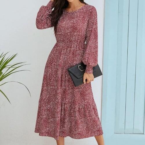 Women Loose Long Sleeve Midi Polka Dot Print Casual Round Neck Swing Party Shirt Dress