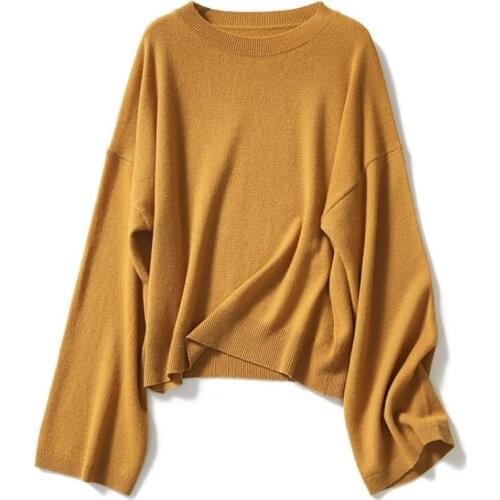 Fall Winter 2019 o neck wide sleeve short loose 100% cashmere sweater women