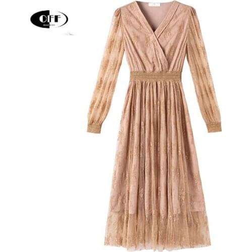 Fashion Lace Midi Dresses For Women V-neck Long Sleeve Mesh Floral Elastic Waist Solid Elegant Vintage Ladies Office Dress Femme