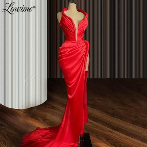 Lowime Elegant Red Evening Dresses Mermaid Long Pleats Party Gowns 2021 Satin Prom Dress Abendkleider Celebrity Dresses Robes