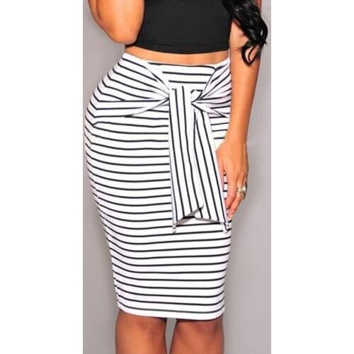 2019 Fashion Women High Waist Skirt Striped Bow-Tie Zipper Knee-Length Pencil Skirts Sexy Bodycon Slim OL Skirts Plus Size S-5XL