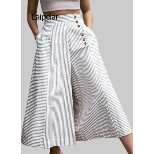 2021 Fashion High Waist Work Pants Women Retro Striped Trousers Autumn Casual Buttons Loose Elegant Party Wide Leg Pants