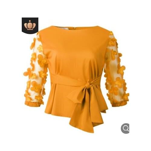 30pcs/lot european style woman plus sie chiffon blouse female flower sleeve top with bow