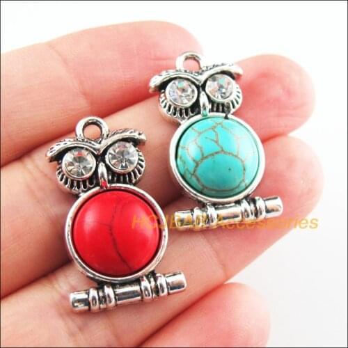 6Pcs Retro Tibetan Silver Tone Animal Owl Birds Blue&Red Stone Charms Pendants 16.5x28.5mm