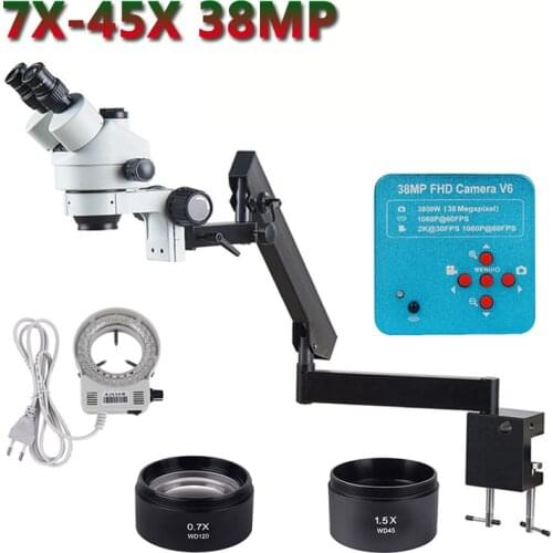 7X-45X Industrial Trinocular Stereo Microscope Articulating Arm Pillar Clamp Zoom + 38MP HDMI Video Camera White LED Ring Light