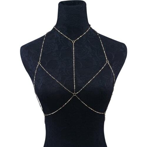 Boho Fashion Net Grid Joint Chain Harness Necklace Gold Color Bra Women Jewelry Sexy Bikini Metal alloy Simple Body Chain