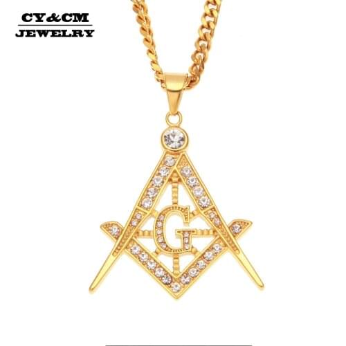CY&CM Mens Women Gold Iced Out Punk Rhinestone Freemason Compass Masonic Symbol Pendant Necklace Stainless Steel Hip Hop Jewelry