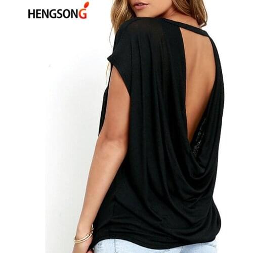 Hot Sale Women Casual Backless Short Sleeve TShirt Summer Casual Loose O-neck Tops Tees Black white Open Back T Shirt