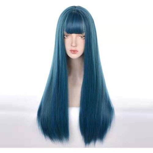 Gaka Dark Blue Long Straight Synthetic Hair Cosplay Wig With Bangs For Women