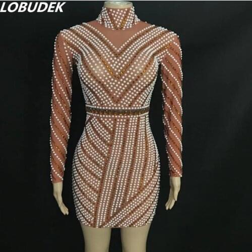 Sparkly Rhinestones Pearl Transparent Dress Women Singer Host Evening Party Birthday Prom Outfit Nightclub Performance Costume