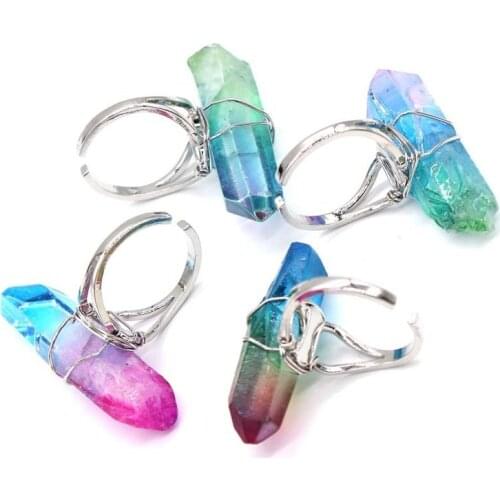 Reiki Natural Gem Stone Finger Ring for Men Women Chakra Rainbow Irregular Natural Stone Wire Wrap Resizable Fashion Finger Ring