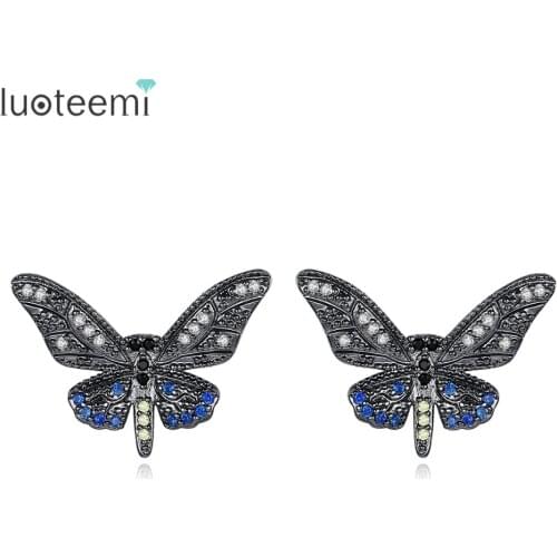 LUOTEEMI Brand New Stud Earrings for Women Butterfly Brinco Luxury Shiny CZ Gun Black Color Wedding Party Jewelry Christmas Gift