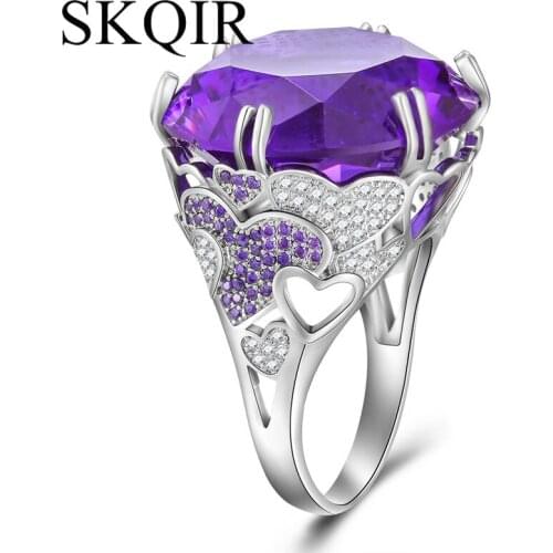 Fashion Purple Crystals Rings Natural Cubic Zirconia Stone Ring Silver Color Stainless Steel Hollowing Heart Jewelry Women Gift