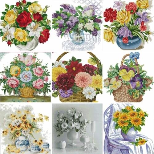 HUACAN DIY Cross-Stitch Flowers 11CT 14CT Embroidery Needlework Sets Cross Stitch Flower Kits White Canvas Home Decoration