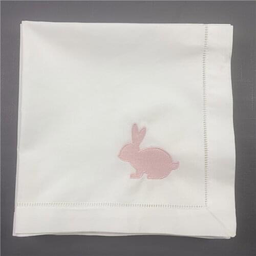 Set of 12 Pink rabbit napkin Bunny theme birthday or baby gift party White Hemstitch Linen Table Napkins 20"x20"-inch