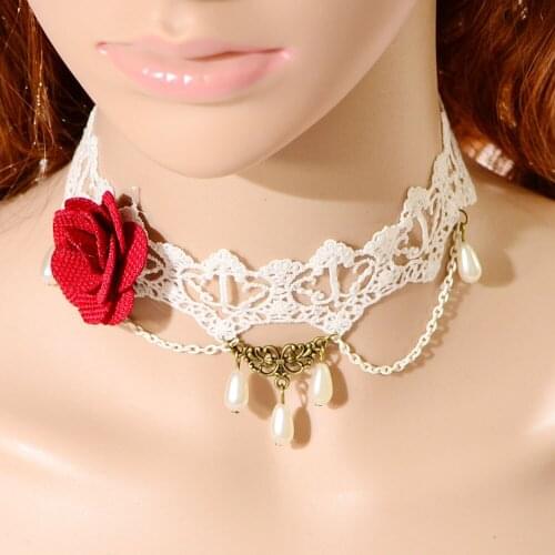 New Wholesale Women White Lace Necklace Vintage Collar with Rose Flowers Water Drop Pendant Tassel Designer Fashion Jewelry