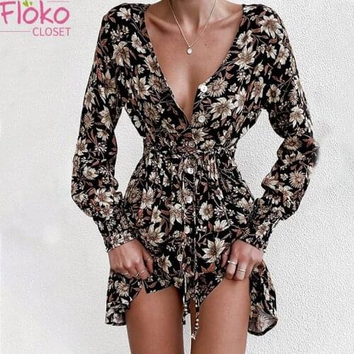 Flokocloset Floral Print Lace Up Deep V-Neck Mini Dress Women Elegant High Waist Long Sleeve Sutumn Spring New Ddress