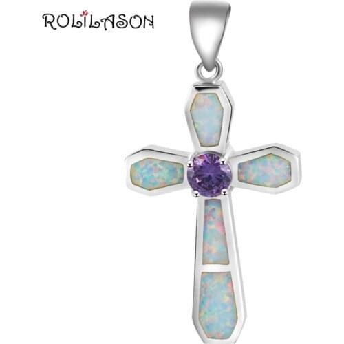 Popular Cross Design Zircon Zirconia pendant purple crystal White Fire Opal Silver Stamped Pendant Fashion jewelry OP519