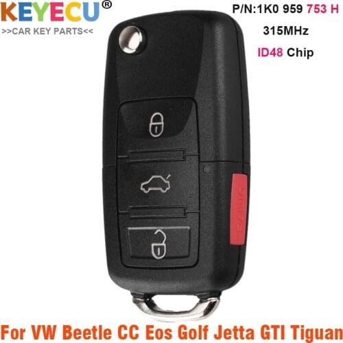 KEYECU 1K0 959 753 H, 315MHz ID48 Chip for Volkswagen Beetle CC Eos Golf Jetta GTI Tiguan Rabbit Remote Key Fob NBG92596263