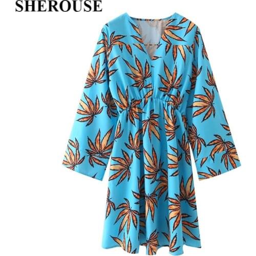 SHEROUSE 2021 Fashion Women Leaf Printed Dress Long Wide Sleeves V-Neck Chic Lady Woman Elegant Short Mini Dresses Robe