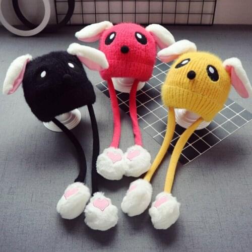 Cute Rabbit Face Embroidery Knitted Hat with Airbag Moving Ears Winter Warm Thick Plush Doll Beanie Cap Gifts For Toddler Kids