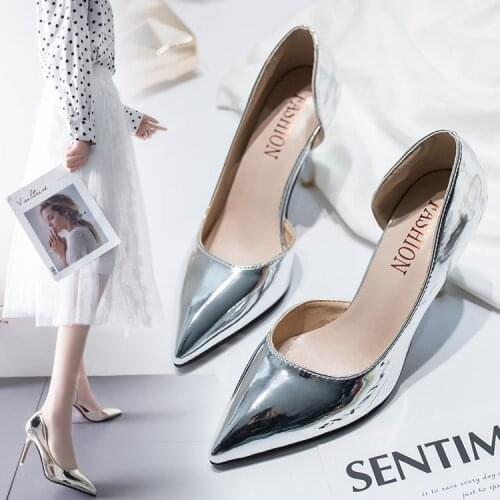 Women Pumps Mid Heel Pump Ladies Pointed Toe Casual Shoes Sandals High Heels Wedding Sexy Pumps Gold silver Zapatos Mujer 8cm