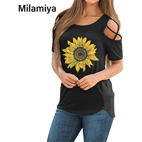 2021 Harajuku Sunflower Tshirt Women Causal T-shirt Cotton Print Woman Off Shoulder Tops Clothes Drop Shipping