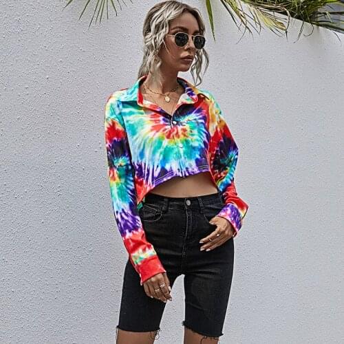 Tie-dyed Coat Women Casual Loose Bodycon Wide-waisted Woman Jacket Zip-up Turn-down Collar Single Breasted Long Sleeve Short Top