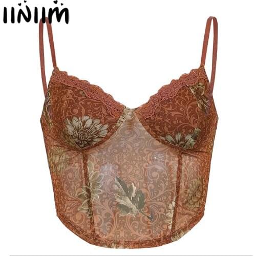 Womens Fashion Floral Print Camisole Vest Spaghetti Strap Tank Tops Summer V Neck Backless Asymmetrical Female Hem Mesh Crop Top