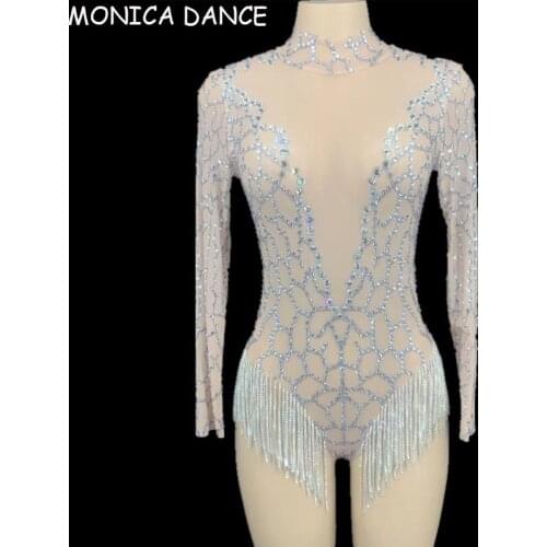 Women Sexy Stage Silver Rhinestones Fringes Backless Transparent Mesh Bodysuit Women Dancer DS Wear Birthday Celebrate Outfit