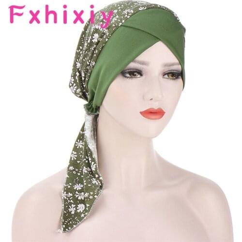 Women Muslim Head Scarf Turban Hat Chiffon Classic Forehead Headscarf Pre-Tied Flowers Printed Beanie Coverings Summer Head Wrap