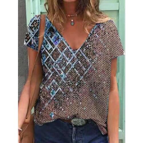 Women Tie Dye V Neck Loose T Shirt Plaid Printed Casual Tees Summer Short Sleeve Pullover Gradient Printed Shirt Fashion Tops