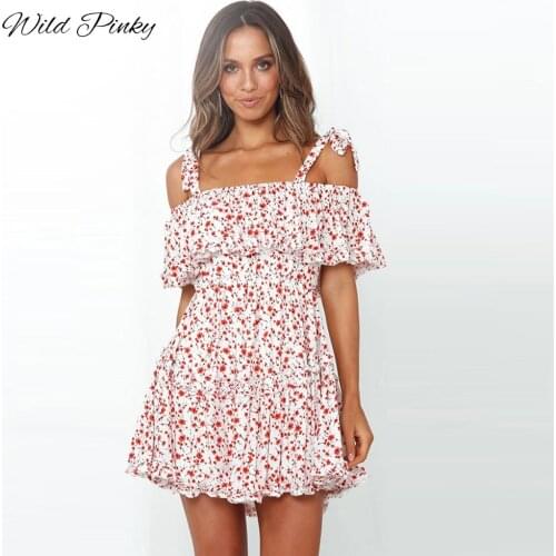 WildPinky 2020 Summer Boho Printed Mini Dress Women Slash Neck Holiday Beach Dresses A Line Short Sleeve Ruffle Dress Vestidos