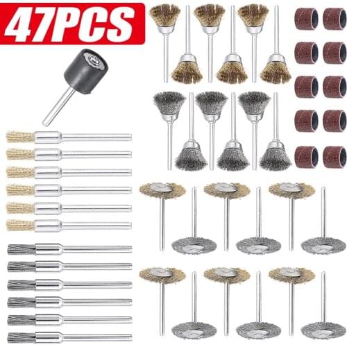 47Pcs Wire Steel Brass Brushes Polishing Brush Wheels Set For Rotary Tool Removal Derusting Polishing Buffing Metalworking