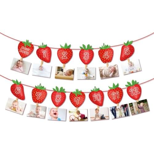 BA279 Strawberry Sweet One Birthday Party Theme Paper Hanging Banner Bunting Fruit Photo Display Banner for Baby Shower Party