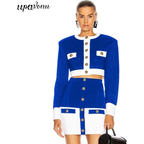 Free Shipping Spring 2021 Women Single-breasted Bandage Set O-Neck Long Sleeve Short Top & High Waist Skirt Two-piece Party Set