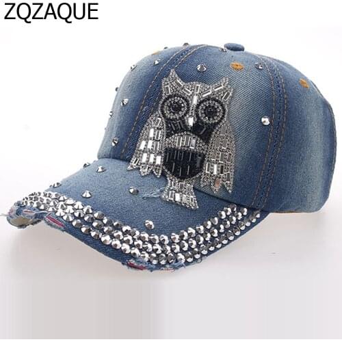 2021 New Girls' Diamond Denim Baseball Caps Fashion Manual Drill Owl Icon All-match Style Nice Shining Hats Drop Shipping SY345