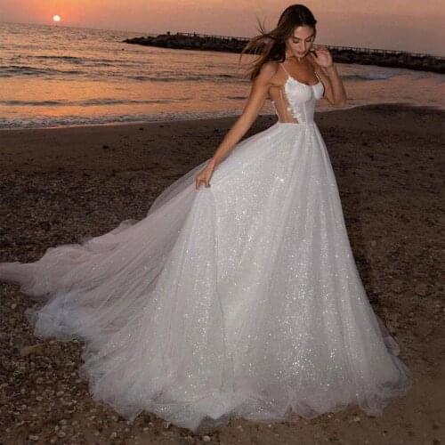 Sparkly Sequined Backless Wedding Dresses Spaghetti Straps Neck A Line Boho Beach Wedding Dress 2021 Summer robe de mariée