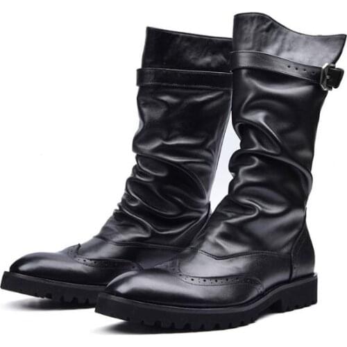 High-top winter black men boots genuine leather fashion motorcycle boot shoes for men pointed toe knee-high boots men