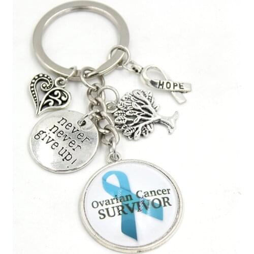 New Arrival Cabochon Teal Ribbon Ovarian Cancer Survivor Awareness Jewelry Never give up hope Charms Key Chain Keyrings Gift