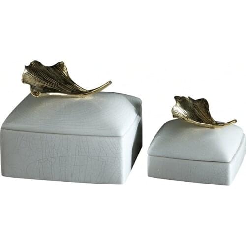 Creative Chinese Household Soft Decoration Model Room Decorative Box Ceramic with Copper White Jewelry Box Ginkgo Leaf Box