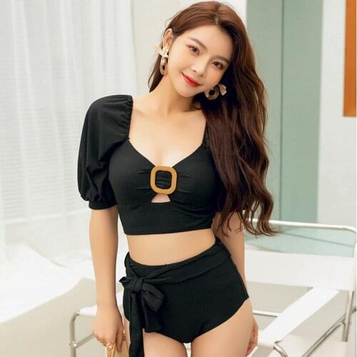 Womens Swimsuit Push Up High Waist Bikini Sets for Women Two Pieces Swimwear Short Sleeve Biquinis Suit Black Swim Tops Beach