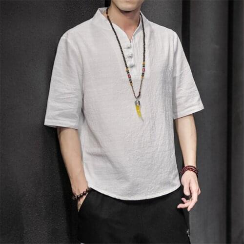 New Chinese Style Summer Solid Color Thin Style Coil Buckle Linen Short Sleeve T-shirt Mens Cotton Linen Medium Sleeve Clothes