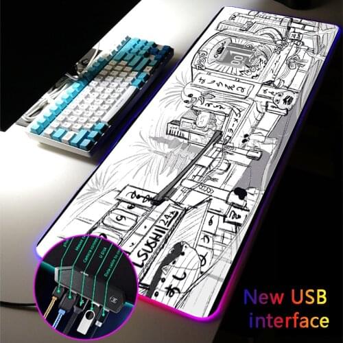 MRGLZY RGB Gaming Mouse Pad LED 4-Port Japanese street Black white Mousepad Large USB Hub Rug Games Computer PC DeskMat for Csgo
