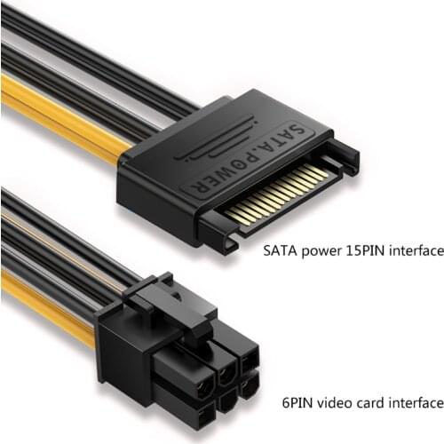 YYDS Upgrading New SATA 20cm 15-Pin to 6-Pin PCI Express Card Power Cable Graphics Power Cord Black+Yellow 1Pc