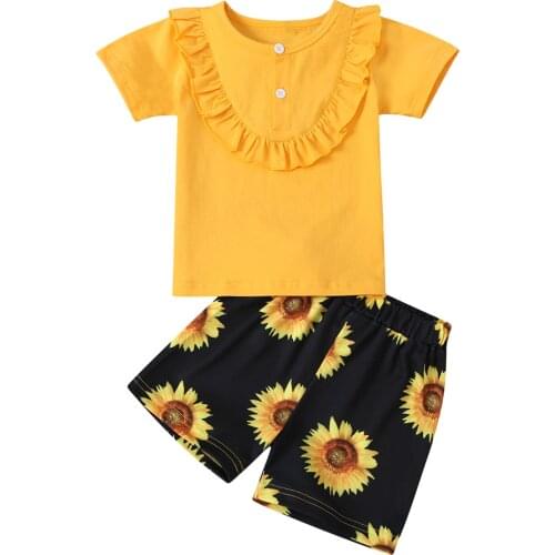 Baby Girls Two-Piece Suit, Round Neck Short Sleeve Ruffle T-shirt and Print Shorts for Birthday Party Photography