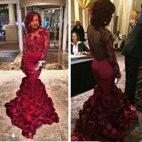 Red Evening Dress Mermaid With Rose Floral Ruffles Sheer Prom Gown With Applique Long Sleeve Prom Dresses With Bra Sweep Train
