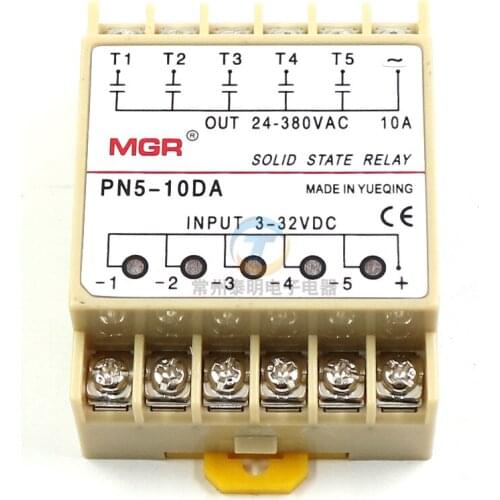 Din rail mounting PN5-10DA 5 Channel SSR quintuplicate five input 3~32VDC output 24~380VAC single phase DC solid state relay