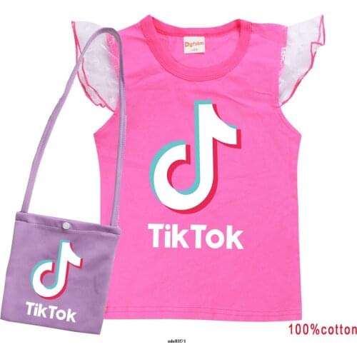 Summer Tik Tok Girls Kids Cute Cartoon Print T Shirt +bag set Child Cotton Short Sleeve 10 Colors T-shirt Tees Tops