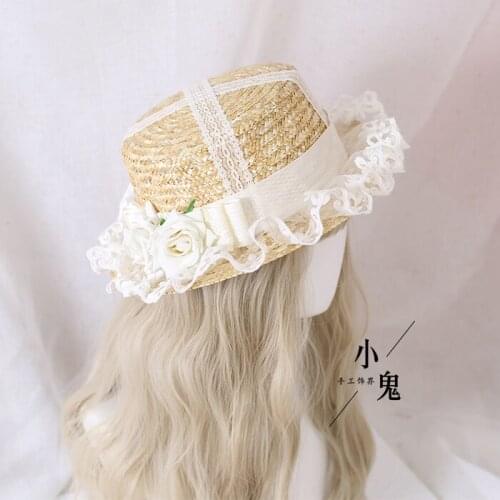 Lolita Soft Sister Multicolor Pastoral French Lace Bow Straw hat Flat Hat Cosplay Mori Girl Handmade Summer Beach Cap Accessory